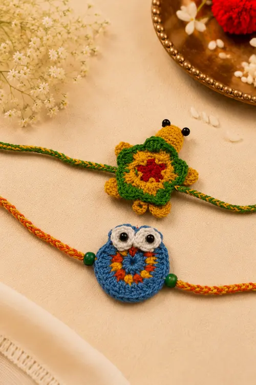 WHE Set Of 2 Handmade Crochet Turtle & Owl Rakhi Combo - Image 2