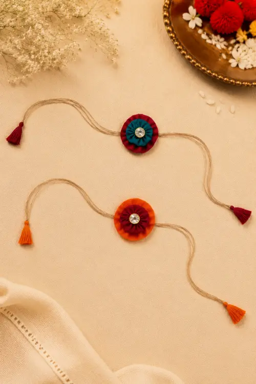WHE Set Of 2 Handmade Fabric Flower Rakhi Combo