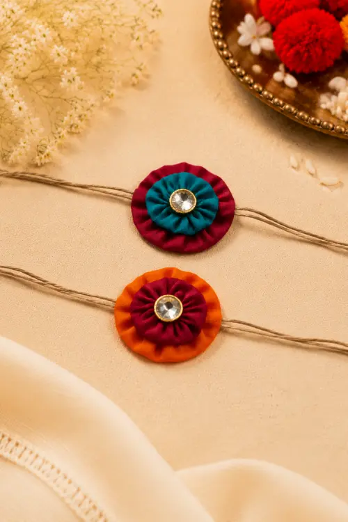 WHE Set Of 2 Handmade Fabric Flower Rakhi Combo - Image 2