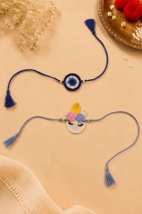 WHE Set Of Handmade Crochet Unicorn & Evil Eye Rakhi Combo