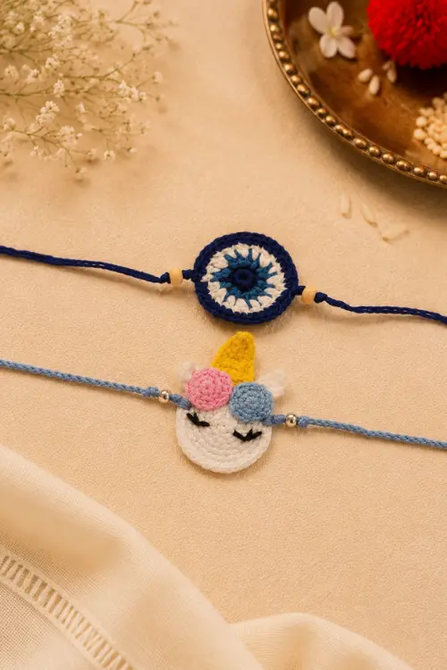 WHE Set Of Handmade Crochet Unicorn & Evil Eye Rakhi Combo - Image 2