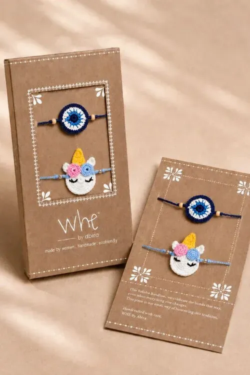 WHE Set Of Handmade Crochet Unicorn & Evil Eye Rakhi Combo - Image 4