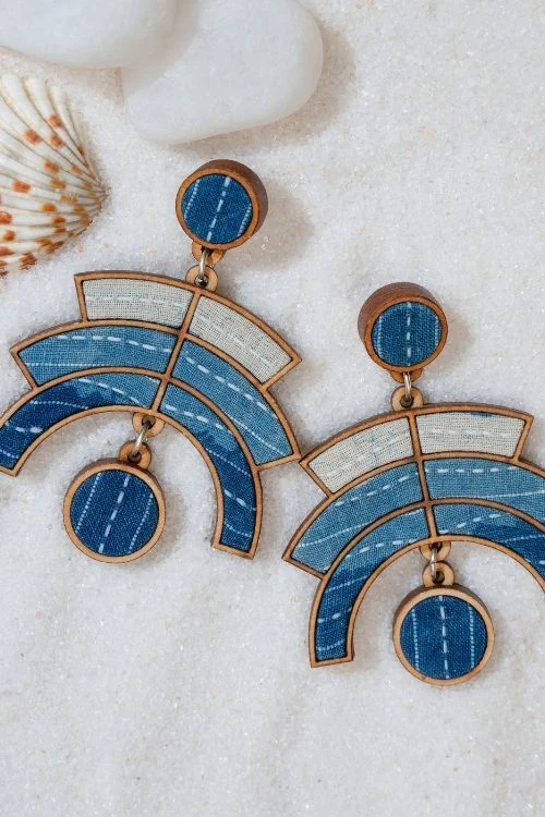 WHE Shade Of Indigo Blue Arch Repurposed Fabric And Wood Earrings - Image 2