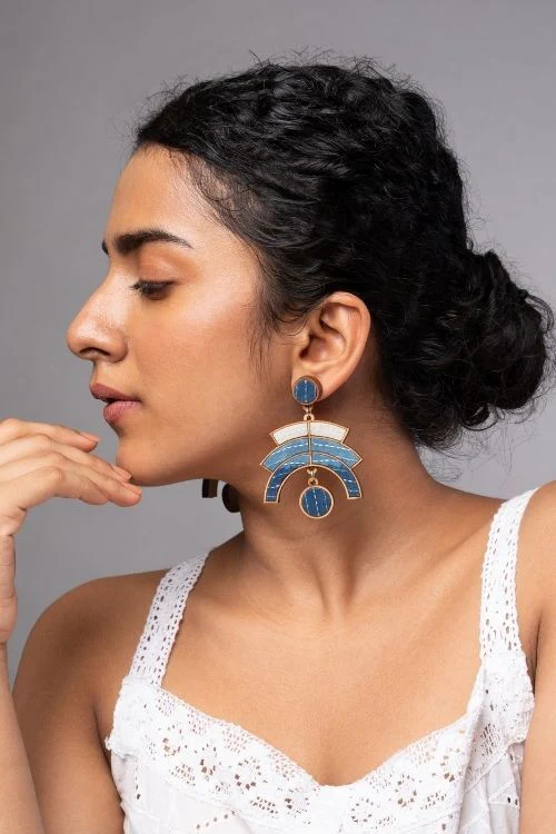 WHE Shade Of Indigo Blue Arch Repurposed Fabric And Wood Earrings - Image 3