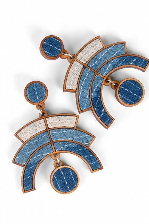 WHE Shade Of Indigo Blue Arch Repurposed Fabric And Wood Earrings - Image 5