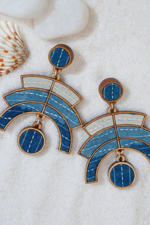 WHE Shade Of Indigo Blue Arch Repurposed Fabric And Wood Earrings - Image 7