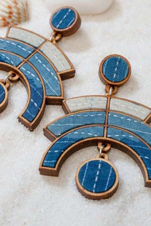 WHE Shade Of Indigo Blue Arch Repurposed Fabric And Wood Earrings - Image 9