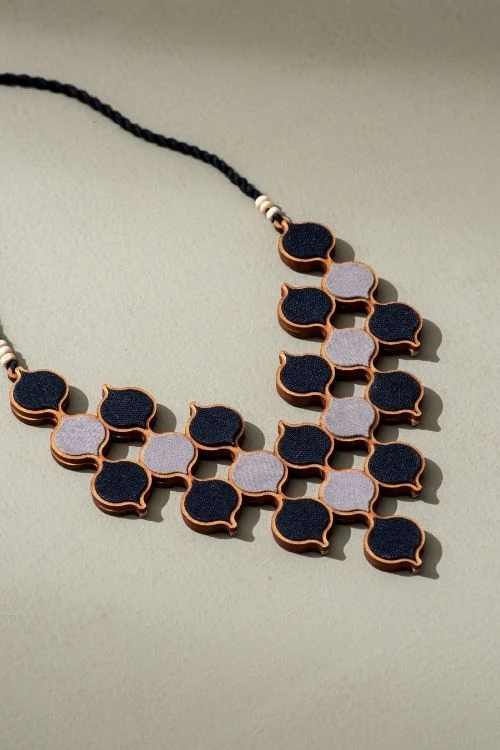 Whe Shades Of Black Repurposed Fabric And Wood Statement Necklace With Adjustable Length - Image 5