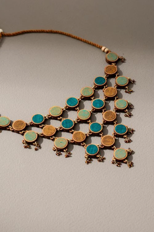 Whe Shades Of Green Upcycled Fabric And Repurposed Wood Adjustable Statement Necklace - Image 5