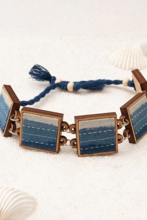 WHE Shades Of Indigo Blue Repurposed Fabric And Wood Square Bracelet - Image 4