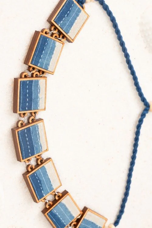 WHE Shades Of Indigo Blue Repurposed Fabric And Wood Square Choker - Image 5