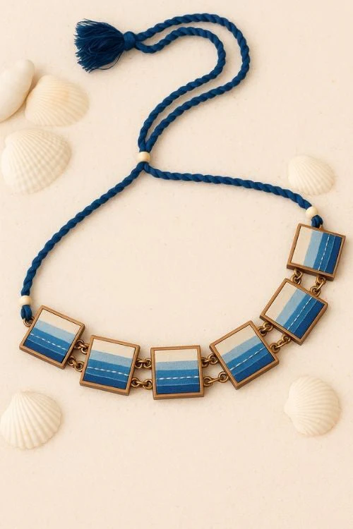 WHE Shades Of Indigo Blue Repurposed Fabric And Wood Square Choker - Image 7