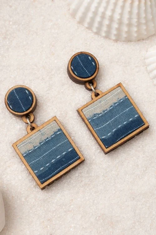 WHE Shades Of Indigo Blue Repurposed Fabric And Wood Square Danglers - Image 5