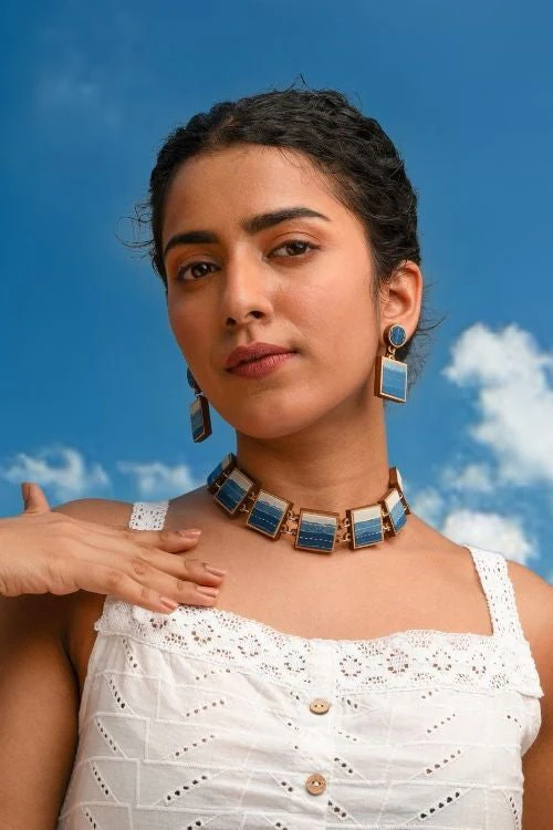 WHE Shades Of Indigo Blue Repurposed Fabric And Wood Square Danglers - Image 6
