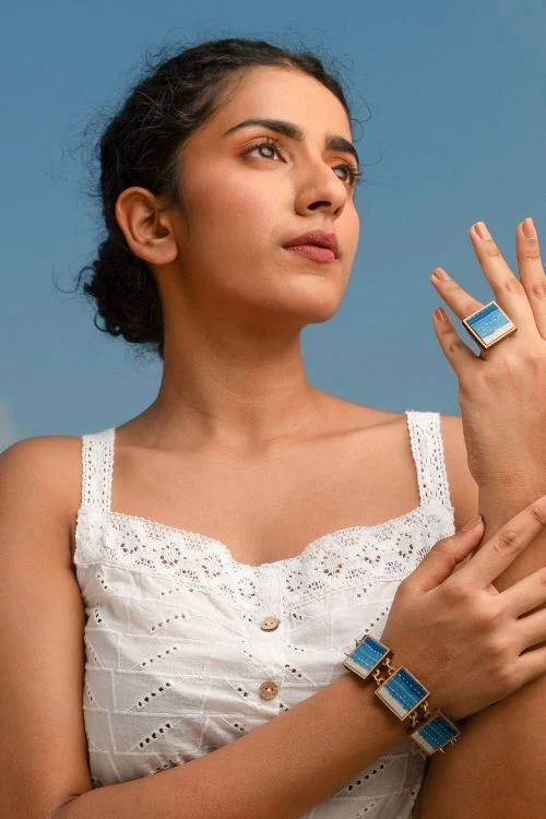 WHE Shades Of Indigo Blue Repurposed Fabric And Wood Square Ring - Image 2