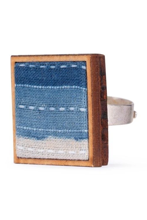 WHE Shades Of Indigo Blue Repurposed Fabric And Wood Square Ring - Image 5
