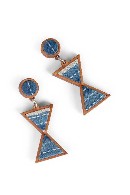 WHE Shades Of Indigo Blue Warli Inspired Repurposed Fabric And Wood Earrings - Image 10