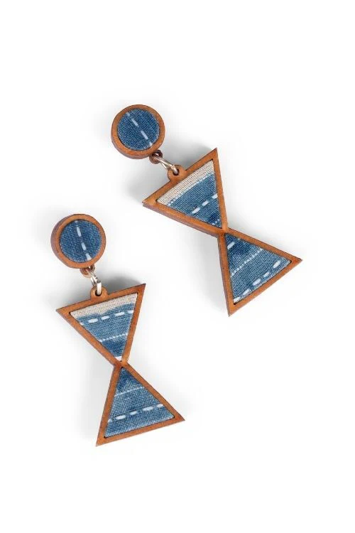 WHE Shades Of Indigo Blue Warli Inspired Repurposed Fabric And Wood Earrings - Image 5