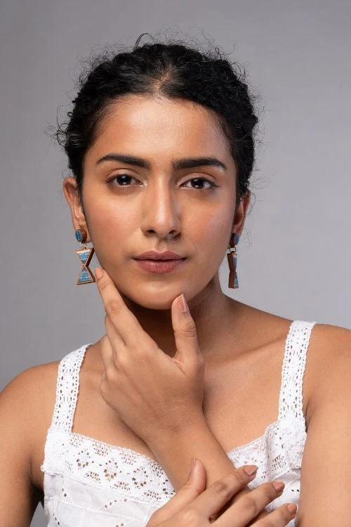WHE Shades Of Indigo Blue Warli Inspired Repurposed Fabric And Wood Earrings - Image 6