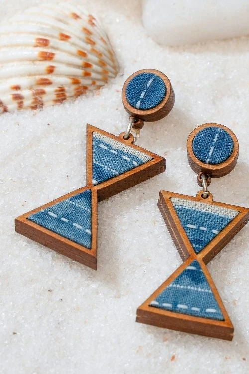 WHE Shades Of Indigo Blue Warli Inspired Repurposed Fabric And Wood Earrings - Image 7