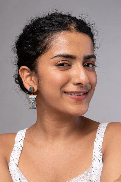 WHE Shades Of Indigo Blue Warli Inspired Repurposed Fabric And Wood Earrings - Image 8