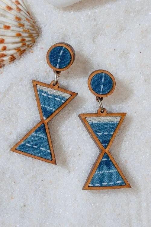 WHE Shades Of Indigo Blue Warli Inspired Repurposed Fabric And Wood Earrings - Image 9