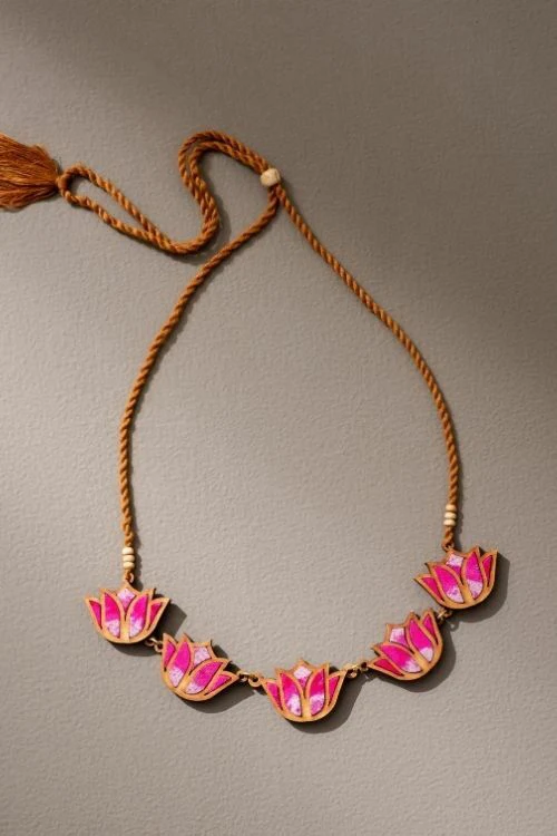 Whe Shades Of Pink Bloom Lotus Upcycled Fabric And Repurposed Wood Necklace - Image 2