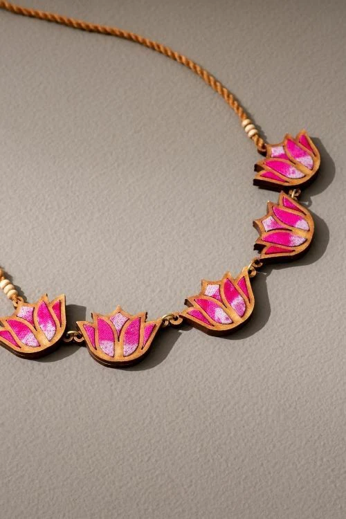 Whe Shades Of Pink Bloom Lotus Upcycled Fabric And Repurposed Wood Necklace - Image 3