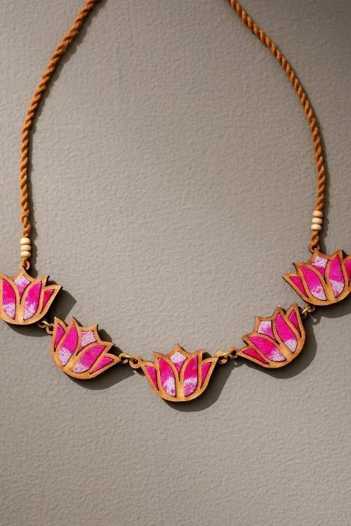 Whe Shades Of Pink Bloom Lotus Upcycled Fabric And Repurposed Wood Necklace - Image 4