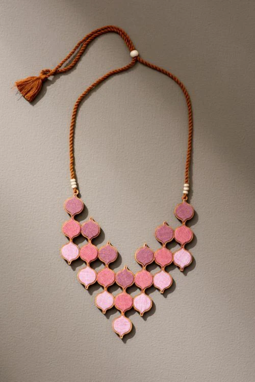 Whe Shades Of Pink Repurposed Fabric And Wood Statement Necklace With Adjustable Length - Image 3