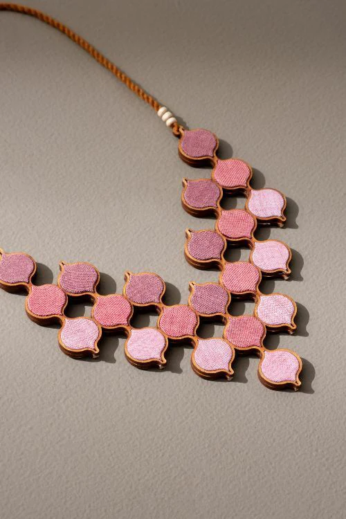 Whe Shades Of Pink Repurposed Fabric And Wood Statement Necklace With Adjustable Length - Image 4