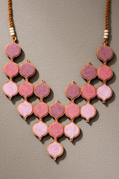 Whe Shades Of Pink Repurposed Fabric And Wood Statement Necklace With Adjustable Length - Image 5