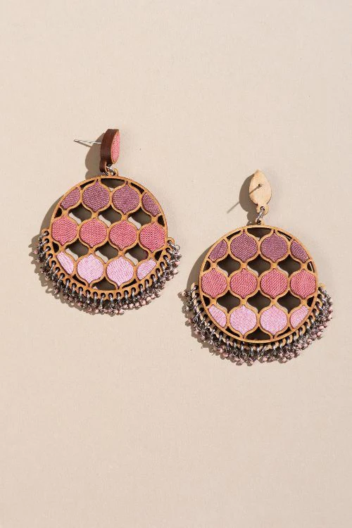 Whe Shades Of Pink Upcycled Fabric And Repurposed Wood Statement Earrings - Image 4