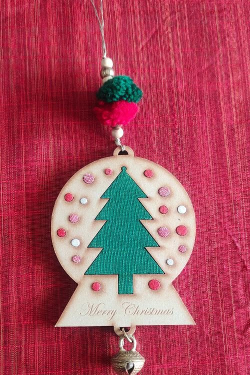 WHE Snow Globe Repurposed Wood & Upcycled Fabric Reversible Christmas Charm Combo Of 3 - Image 2