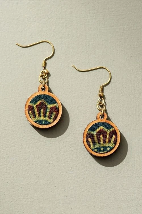 Whe Sun Green Ajrakh Fabric And Repurposed Wood Earrings