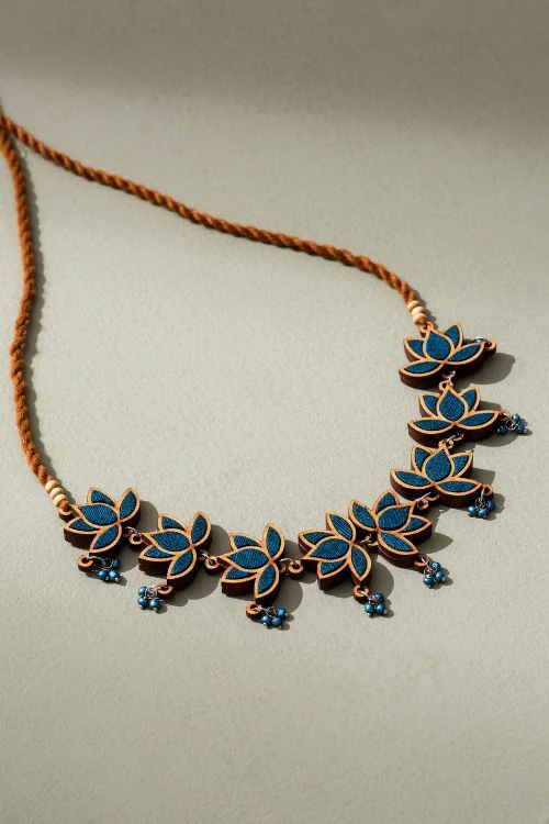 Whe Teal Lotus Upcycled Fabric And Repurposed Wood Statement Choker - Image 5