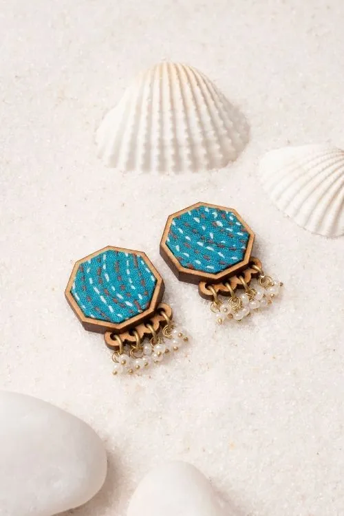 WHE Turquoise Kantha Repurposed Silk Fabric And Wood Studs