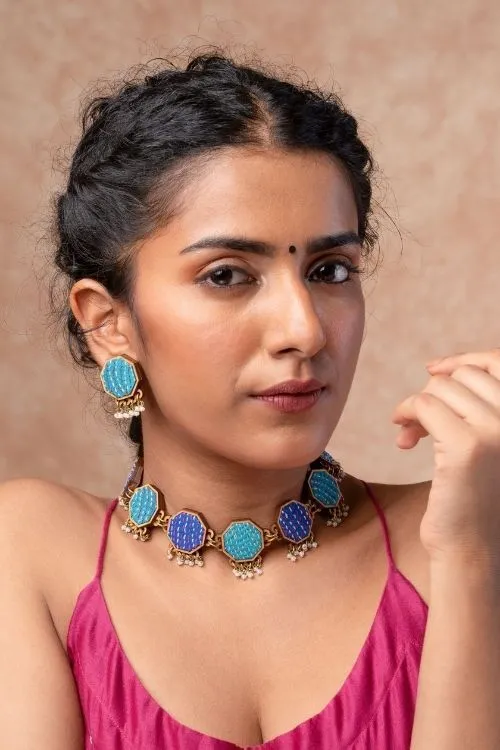 WHE Turquoise Kantha Repurposed Silk Fabric And Wood Studs - Image 2