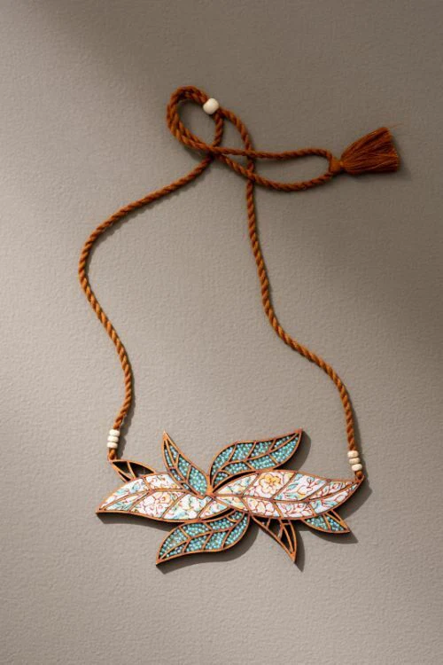 Whe Turquoise White Bloom Leaf Motif Upcycled Fabric And Repurposed Wood Necklace - Image 4