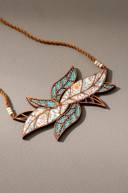 Whe Turquoise White Bloom Leaf Motif Upcycled Fabric And Repurposed Wood Necklace - Image 5