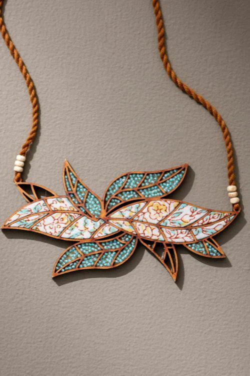 Whe Turquoise White Bloom Leaf Motif Upcycled Fabric And Repurposed Wood Necklace - Image 6