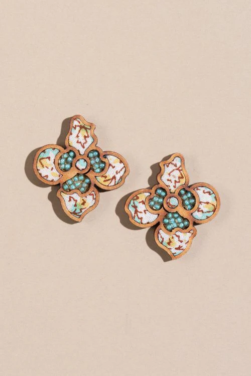 Whe Turquoise White Upcycled Fabric And Repurposed Wood Flower Stud Earrings