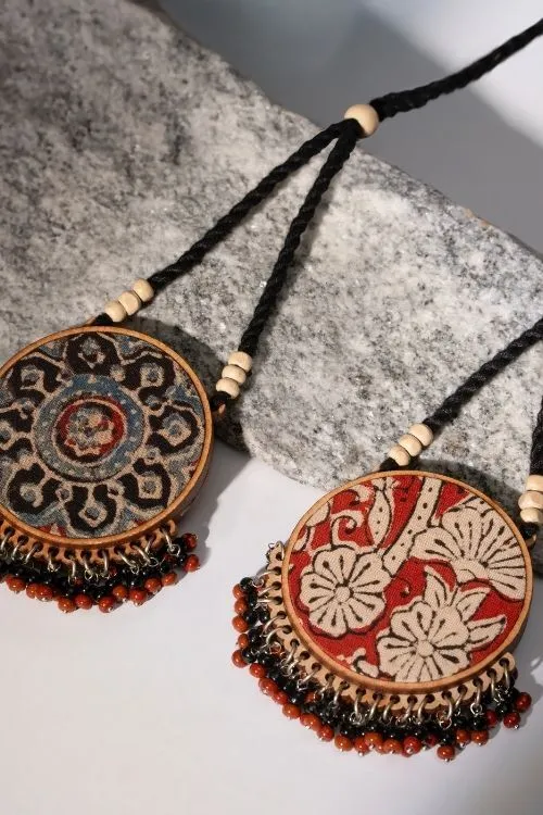 WHE Two In One Black And Red Repurposed Fabric And Wood Round Pendant