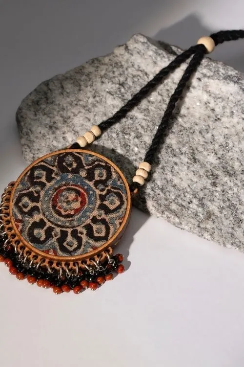 WHE Two In One Black And Red Repurposed Fabric And Wood Round Pendant - Image 5