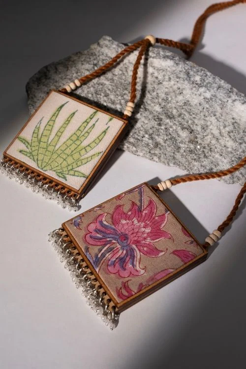 WHE Two In One Floral Pink And Green Square Repurposed Fabric And Wood Pendant