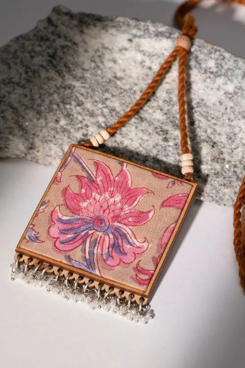 WHE Two In One Floral Pink And Green Square Repurposed Fabric And Wood Pendant - Image 16