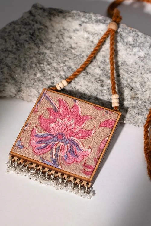 WHE Two In One Floral Pink And Green Square Repurposed Fabric And Wood Pendant - Image 6