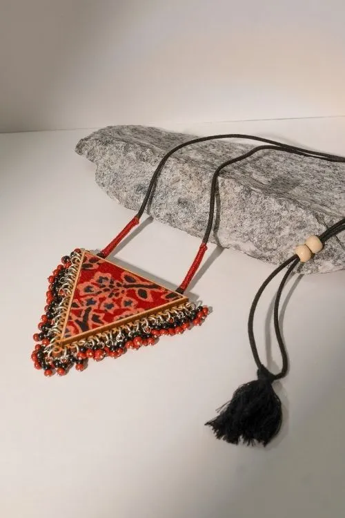 WHE Two In One Multicolor Repurposed Fabric And Wood Triangle Pendant - Image 3