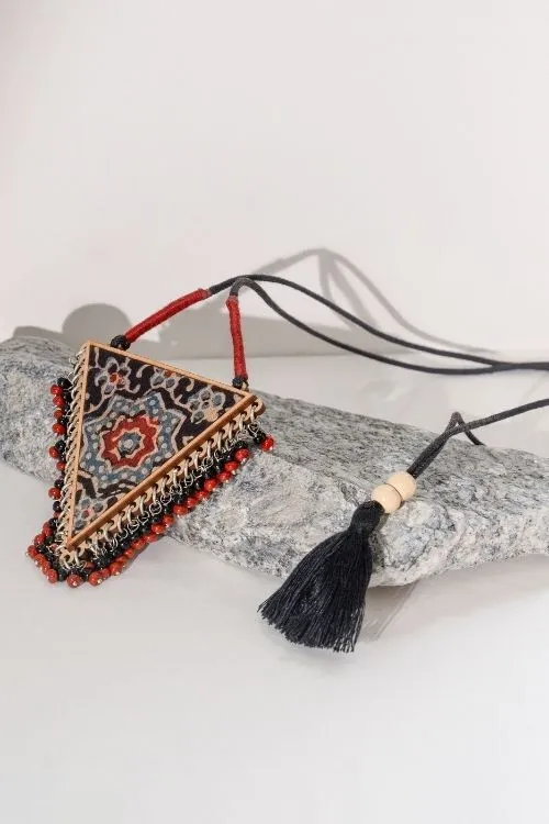 WHE Two In One Multicolor Repurposed Fabric And Wood Triangle Pendant - Image 4