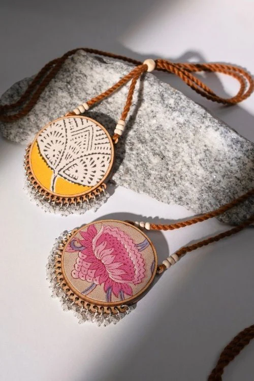 WHE Two In One Pink Yellow Repurposed Fabric And Wood Round Pendant - Image 10